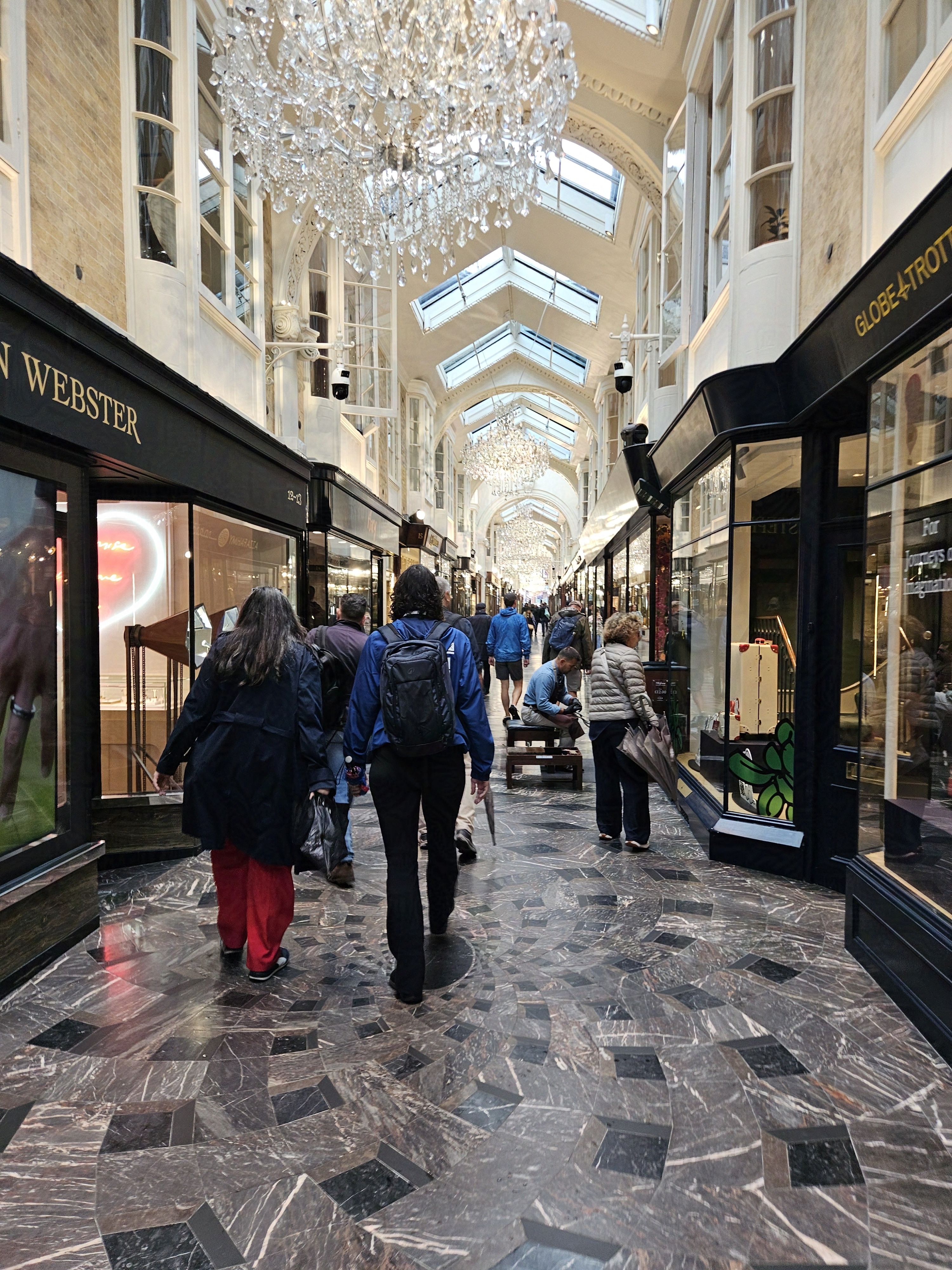 Picture of a row of chaneliers in the Burlington Arcade