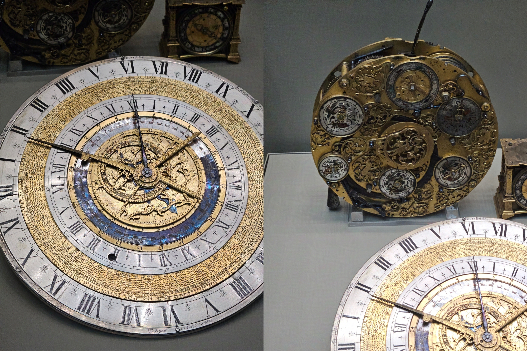 Combined pictures of an ornate clock and its mechanism